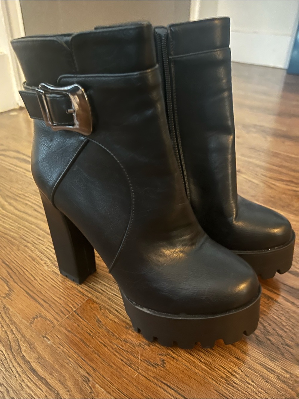 Black Platform Ankle Boots with Buckle Accent. Unbranded. Vegan leather. NWOT.
